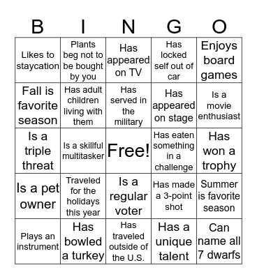 2016 Holiday Party Mingling Fun Bingo Card