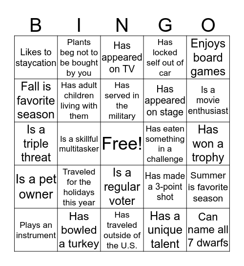 2016 Holiday Party Mingling Fun Bingo Card
