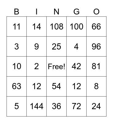 Multiplication and Division Bingo Card