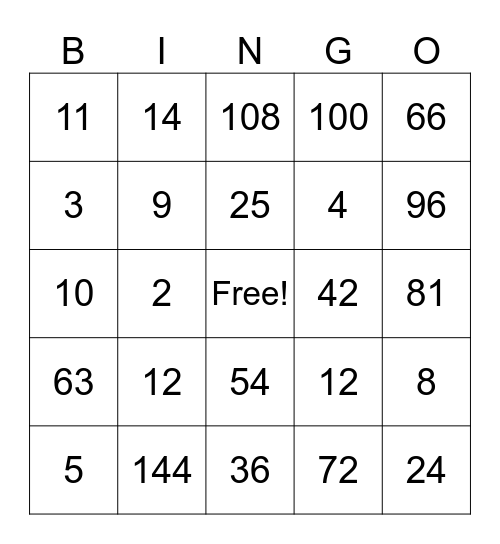 Multiplication and Division Bingo Card