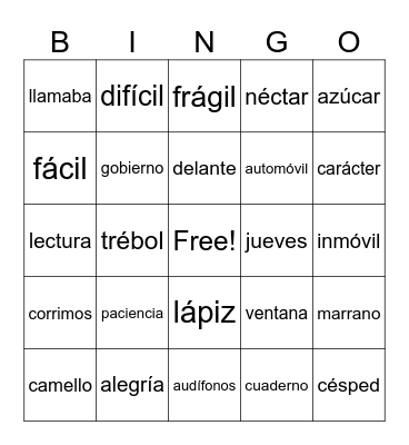 Acentuación: Palabras Llanas/Graves Bingo Card