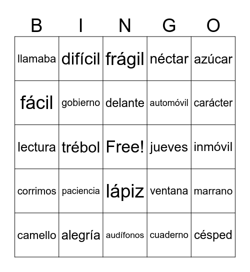 Acentuación: Palabras Llanas/Graves Bingo Card