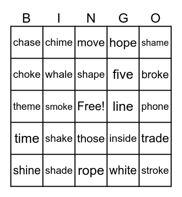 Silent-E Bingo Card