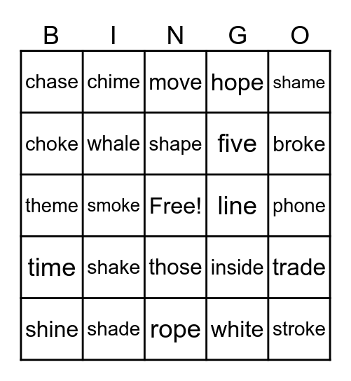 Silent-E Bingo Card