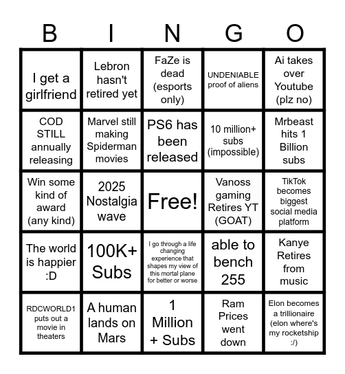 5 - Year Prediction Card Bingo Card