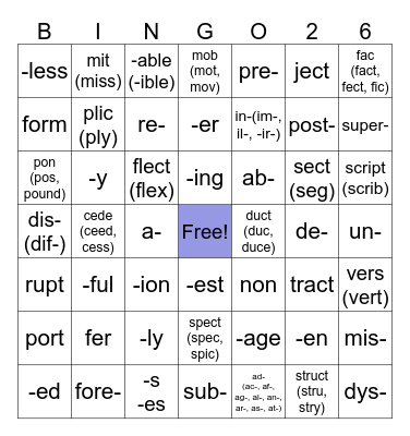 BINGO Volume 5 Lesson 26 Bingo Card