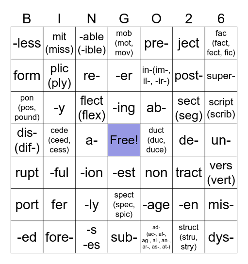 BINGO Volume 5 Lesson 26 Bingo Card