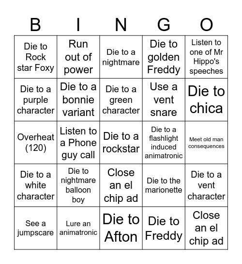 FNAF UCN Bingo Card