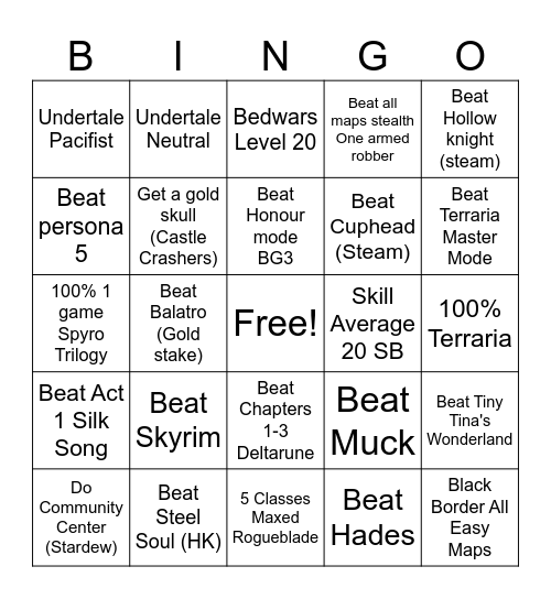 Dj's Gaming goals of 26 Bingo Card