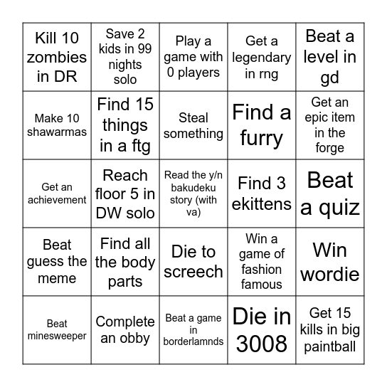 Roblox lockout Bingo Card