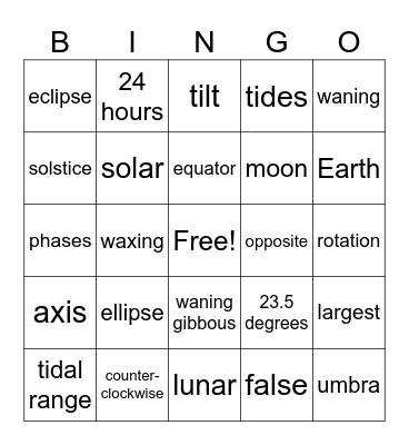 Earth Moon Sun Review Bingo Card