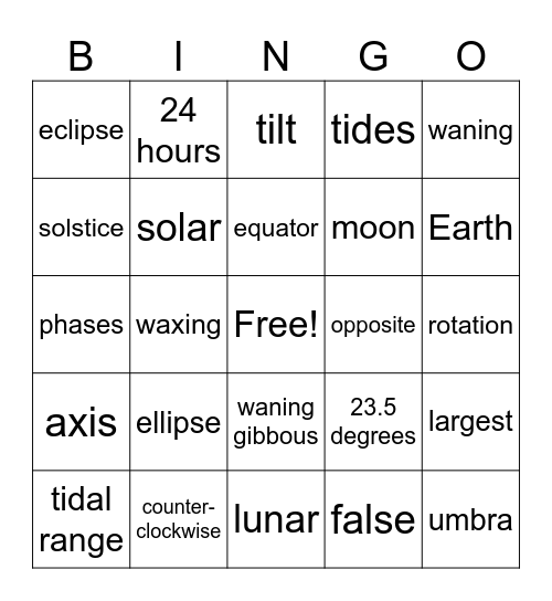 Earth Moon Sun Review Bingo Card