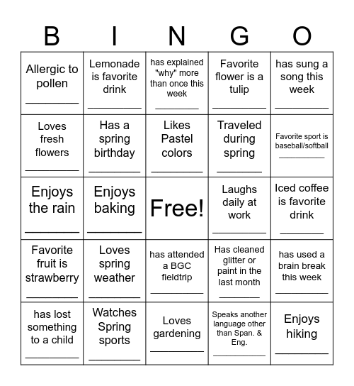 Spring Bingo Card