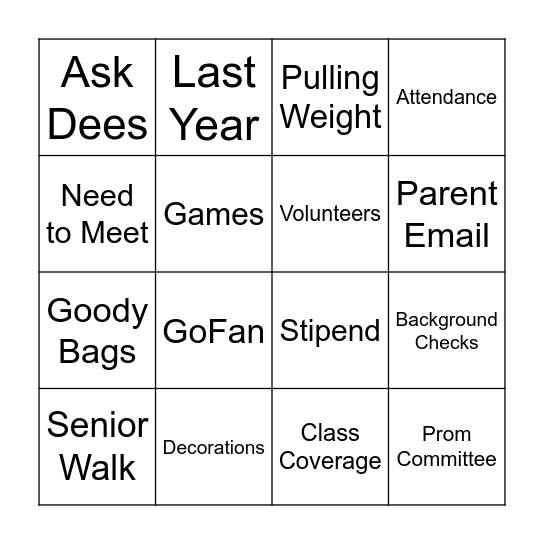 Prom Bingo Card