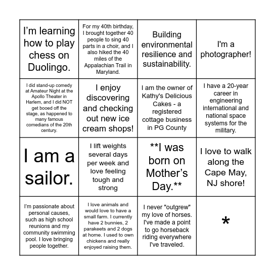 PGCSA Cohort Connections Bingo Card