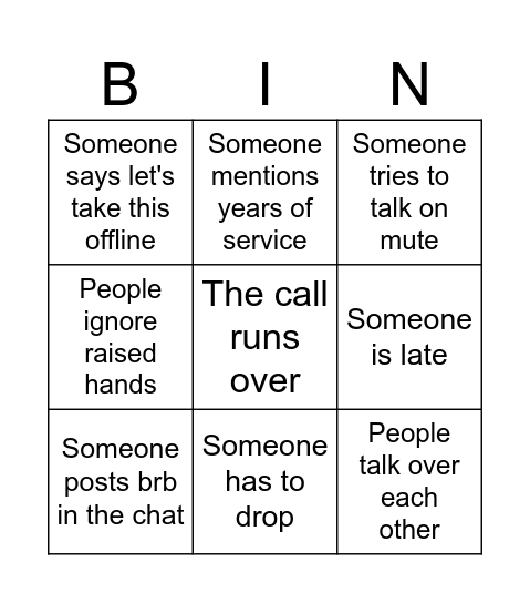 MS Teams call bingo card Bingo Card
