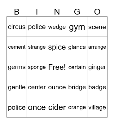 Soft g and c Bingo Gr. 4 Bingo Card
