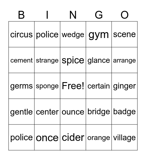 Soft g and c Bingo Gr. 4 Bingo Card