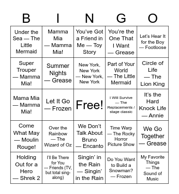 FIDDLERS THE MUSICAL Bingo Card
