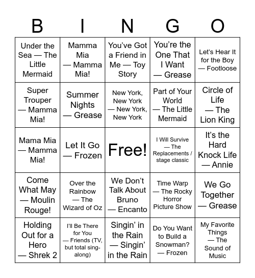 FIDDLERS THE MUSICAL Bingo Card