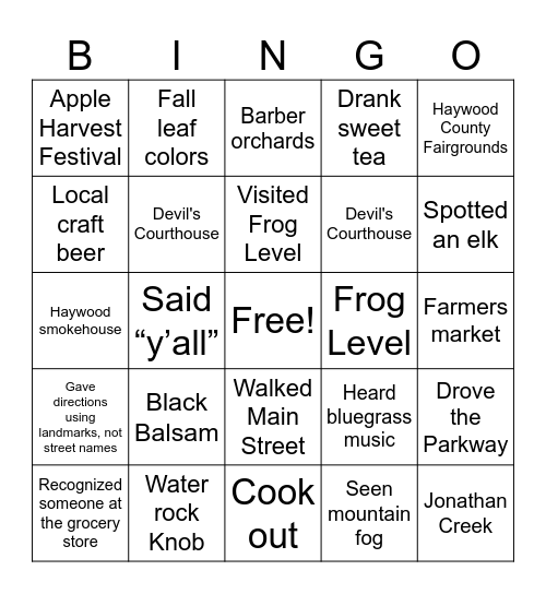 Waynesville bingo Card