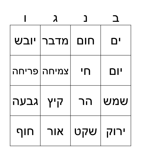הרחבת אוצר מילים - טבע Bingo Card