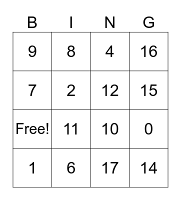 0 Addition Bingo Card