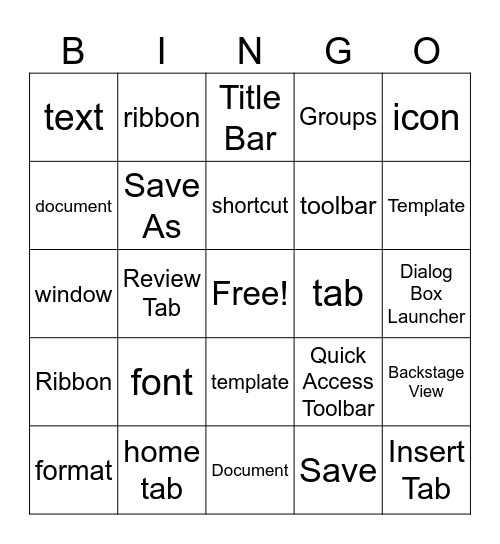 Microsoft Word Bingo Card