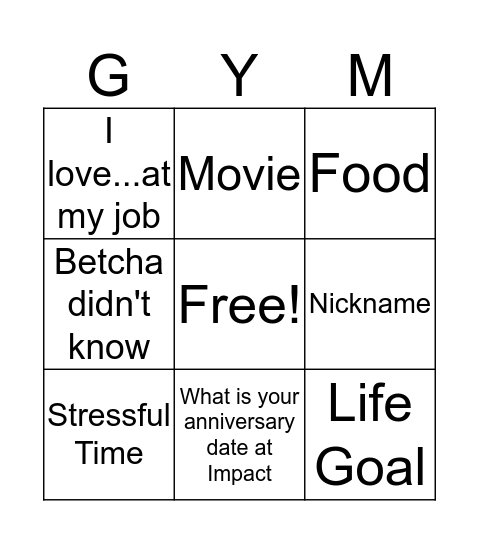 GYM Bingo Card