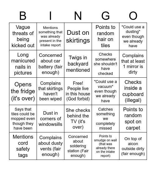 Rental Inspection Bingo Card