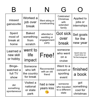 Winter Break Bingo Card