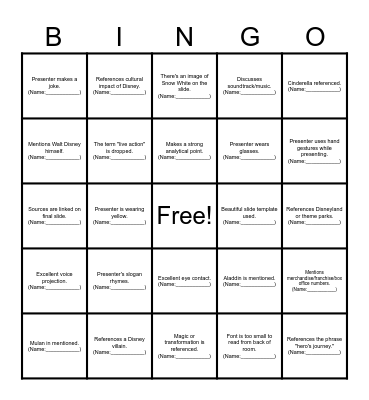 Disney Bingo      YOUR NAME:______________________You may use the same student’s name up to TWO times (including your own name).You may use Mehnaz's name once. Complete all 25 for two points. Complete at least 15 squares for 1 point. Bingo Card
