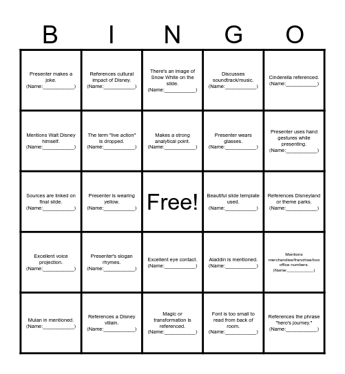 Disney Bingo      YOUR NAME:______________________You may use the same student’s name up to TWO times (including your own name).You may use Mehnaz's name once. Complete all 25 for two points. Complete at least 15 squares for 1 point. Bingo Card