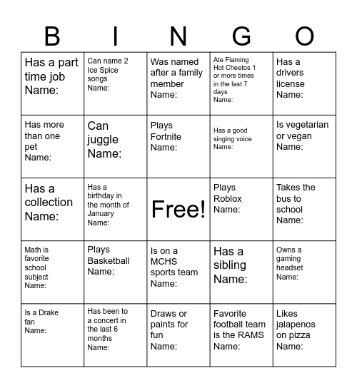 Mingle Bingo Card