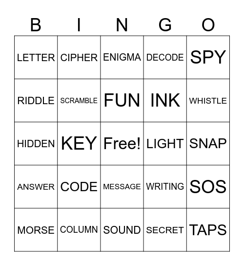 Secret Codes Bingo Card