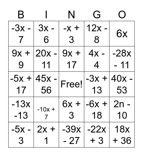 Simplifying Expressions Bingo Card