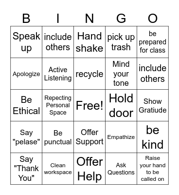 RESPECT Bingo Card