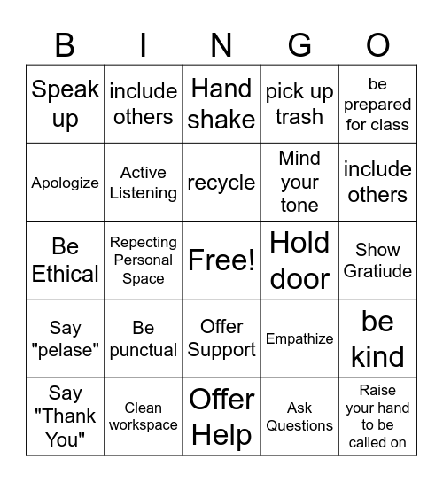 RESPECT Bingo Card