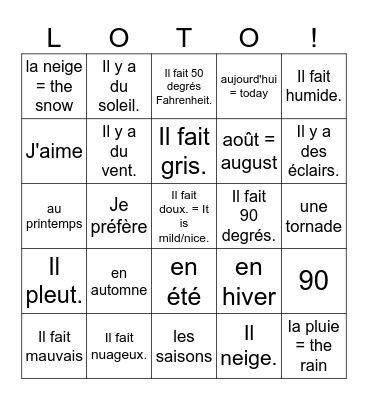 6 Le temps qu'il fait avancé Bingo Card