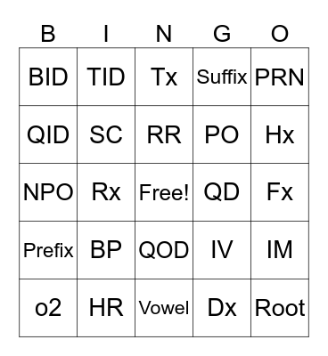 AHS-1100 Basic abbreviations Bingo Card