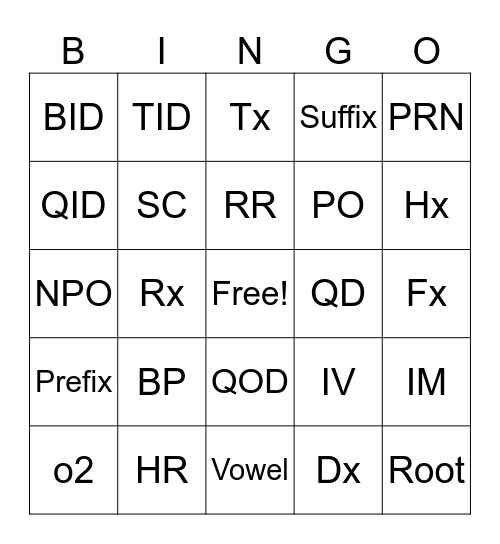 AHS-1100 Basic abbreviations Bingo Card