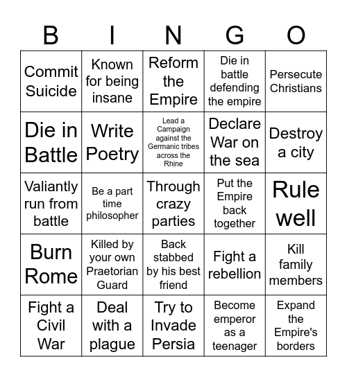 Roman Emperor Bingo Card