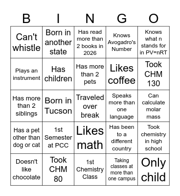 1st Day of Class Bingo Card