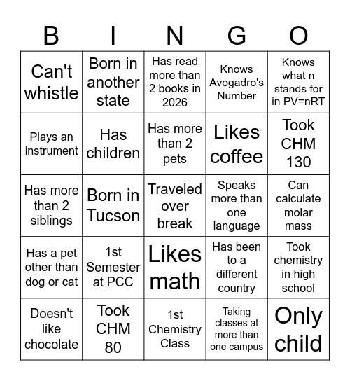 1st Day of Class Bingo Card