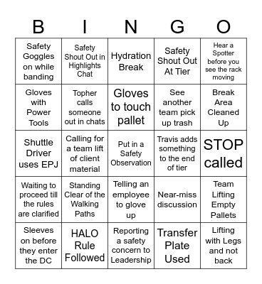 Concierge Safety Bingo Card