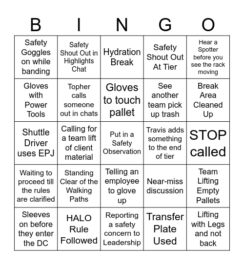 Concierge Safety Bingo Card