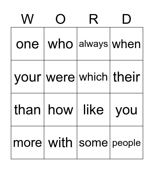 Sight Word Bingo Card