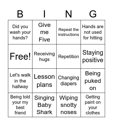 Daycare Teacher Bingo Card