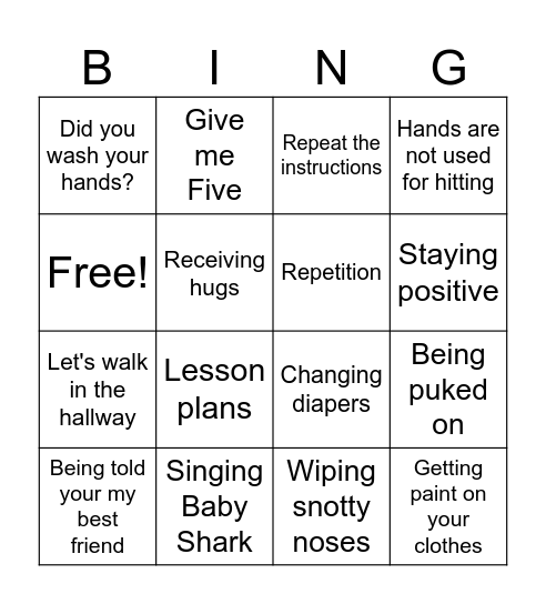 Daycare Teacher Bingo Card