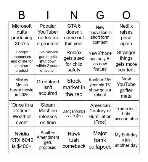 Katie's 2026 Bingo Card
